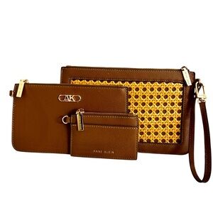 Anne Klein NWOT Brown/Tan/Chestnut Gold Clutch Wristlet Wallet Trio Set New